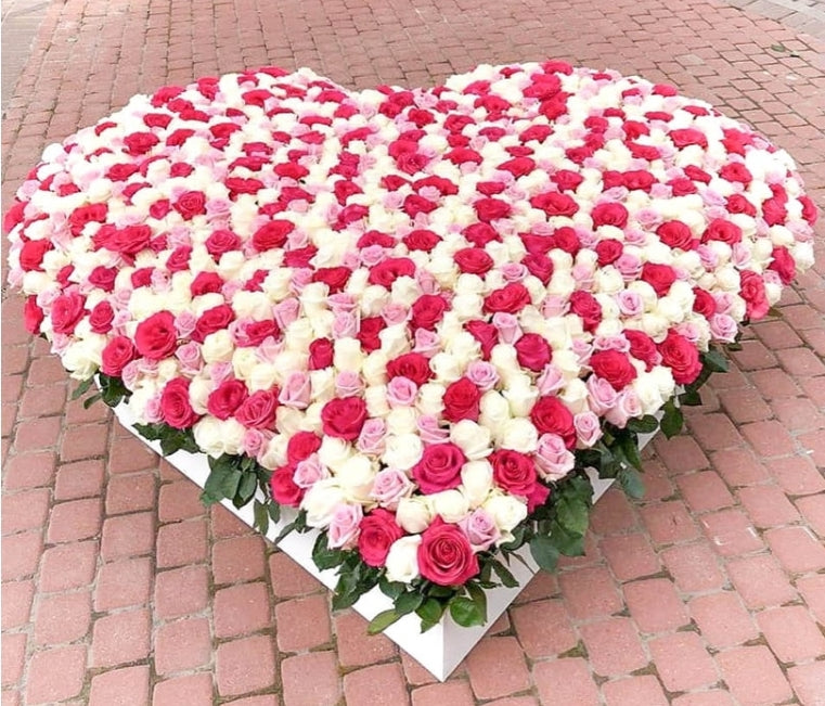 "Cascade of Feelings: A Luxurious Heart of 300 Pink and White Roses"