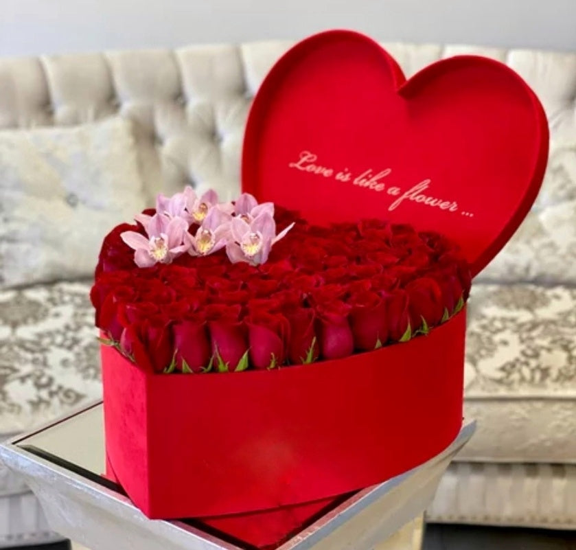 "Roses with Orchids in a Heart-Shaped Box"