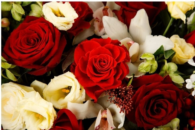 "Exquisite Harmonious Symphony: Basket with Roses and Orchids"