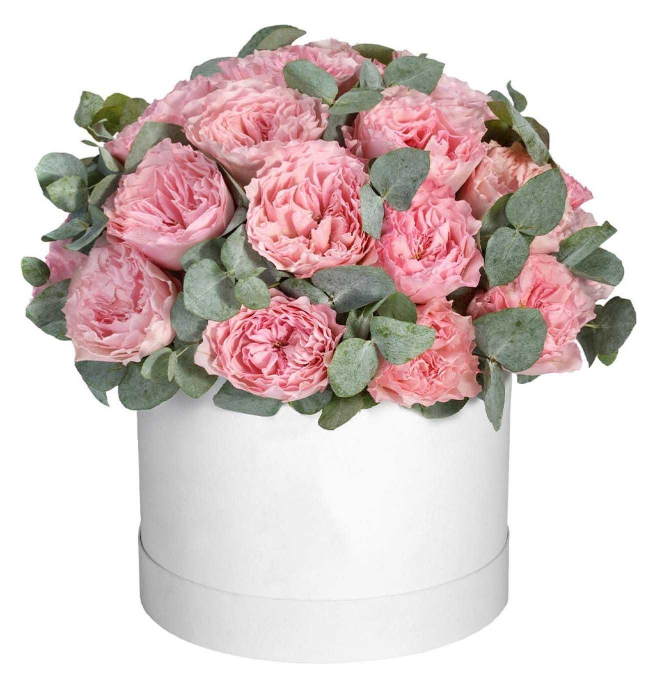 "BLOOMING ELEGANCE" This exquisite arrangement of peony-like pink roses in a box