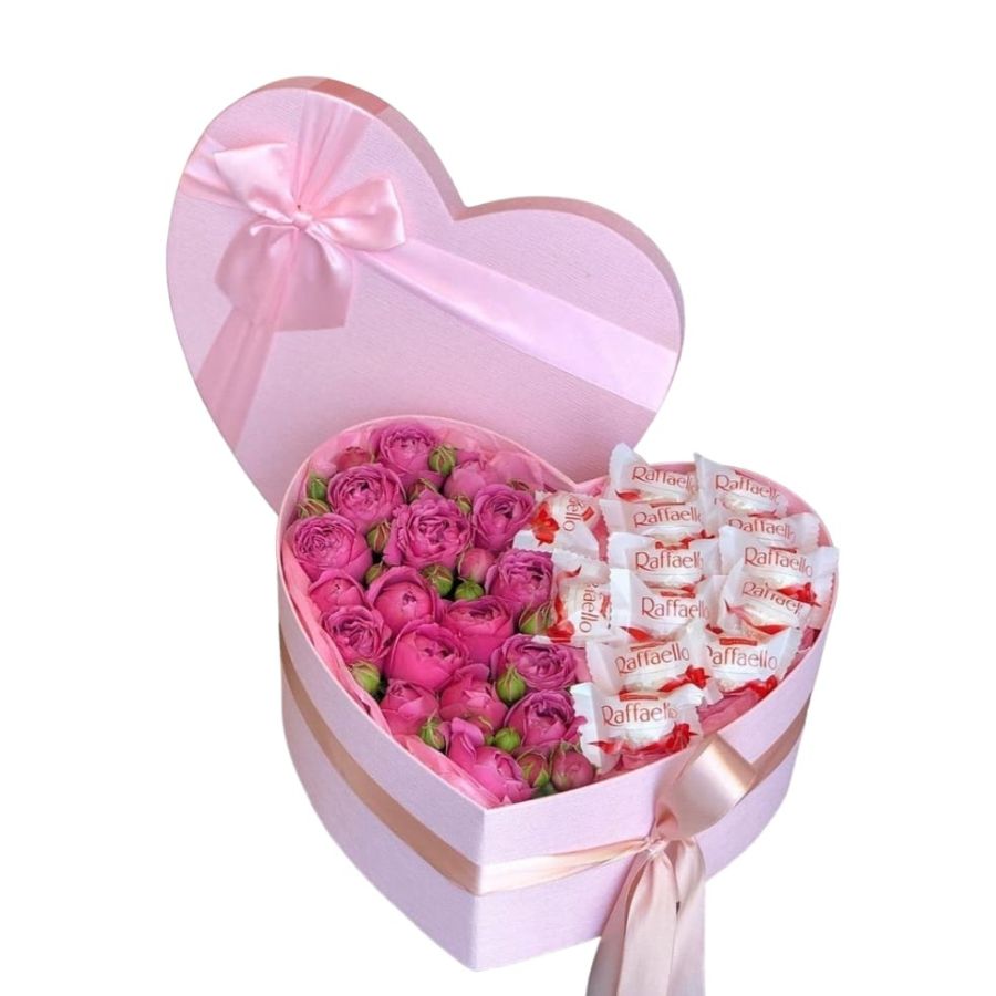 Heartfelt Peony and Raffaello Delight: A Gift Box of Pink Roses and Sweets