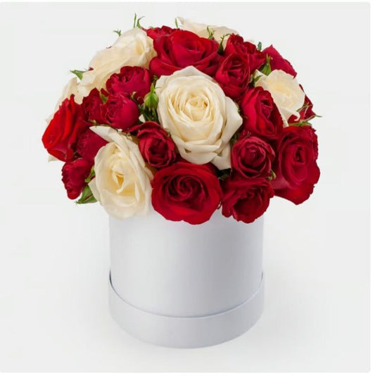 A Box of White and Red Bush Roses