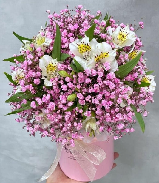 "Cloudy Inspiration: Box with Baby's Breath and Alstroemeria"