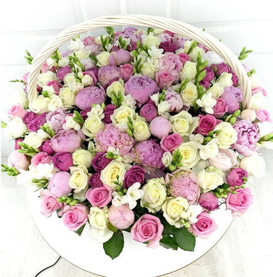 "Nature's Palette: Basket with Roses and Peonies"