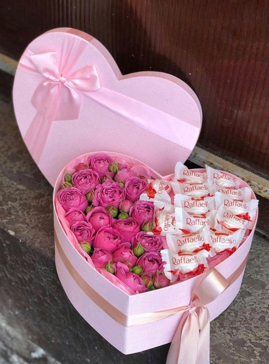 Heartfelt Peony and Raffaello Delight: A Gift Box of Pink Roses and Sweets