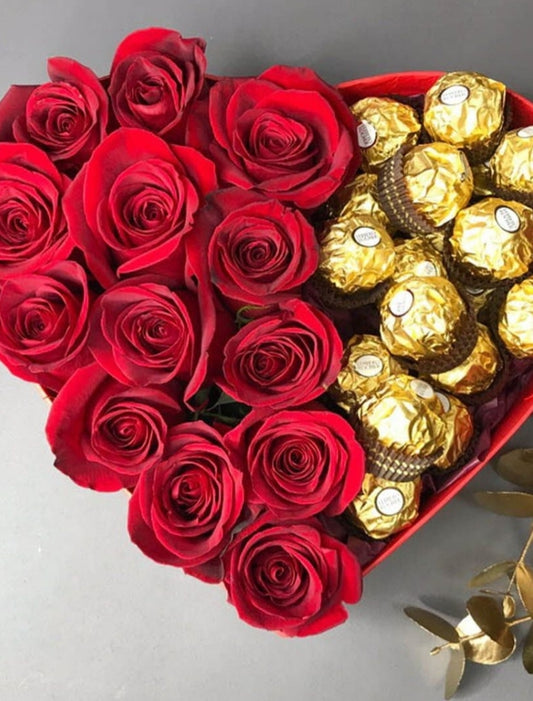 "Heart of Passion" heart of red roses with Rocher chocolate candies