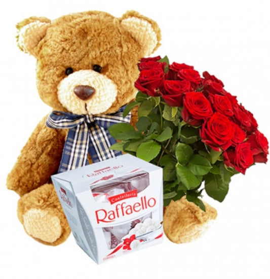 "Heartfelt Hugs: Bouquet with Roses and Surprises"