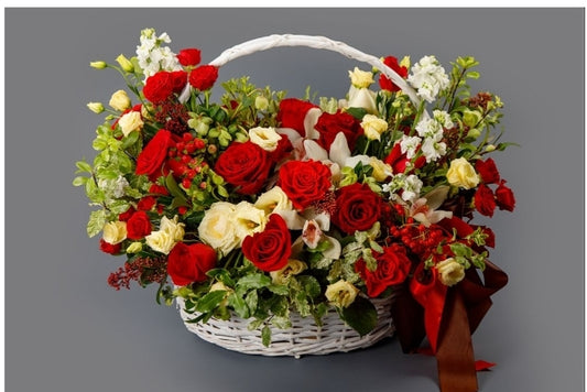 "Exquisite Harmonious Symphony: Basket with Roses and Orchids"
