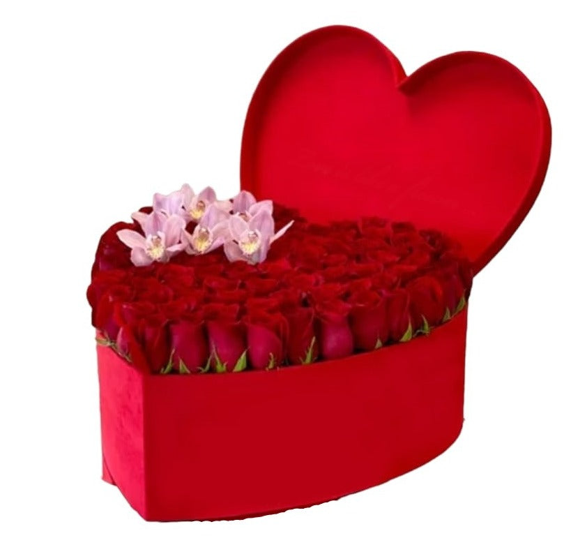 "Roses with Orchids in a Heart-Shaped Box"