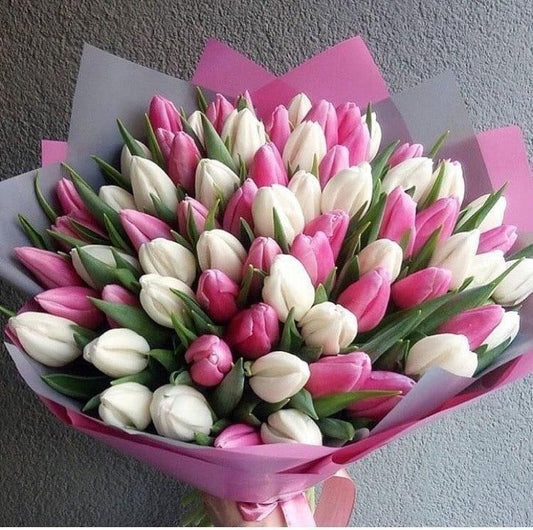 "Breath of Spring: Bouquet of White and Pink Tulips"