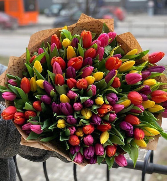 "Rainbow Revival: Bouquet with Multicolored Tulips"